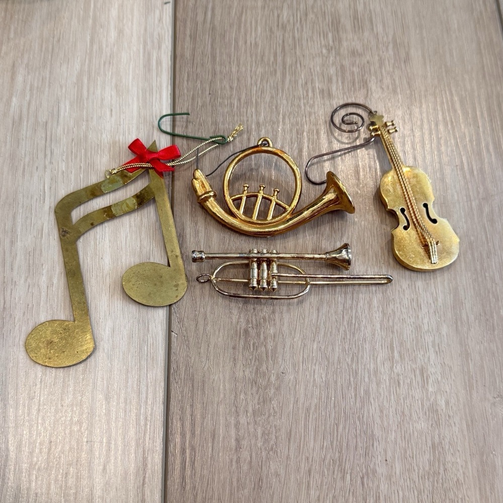 Set of 4 Vintage Different Brass/Plastic Musical Instruments Christmas Ornament‎